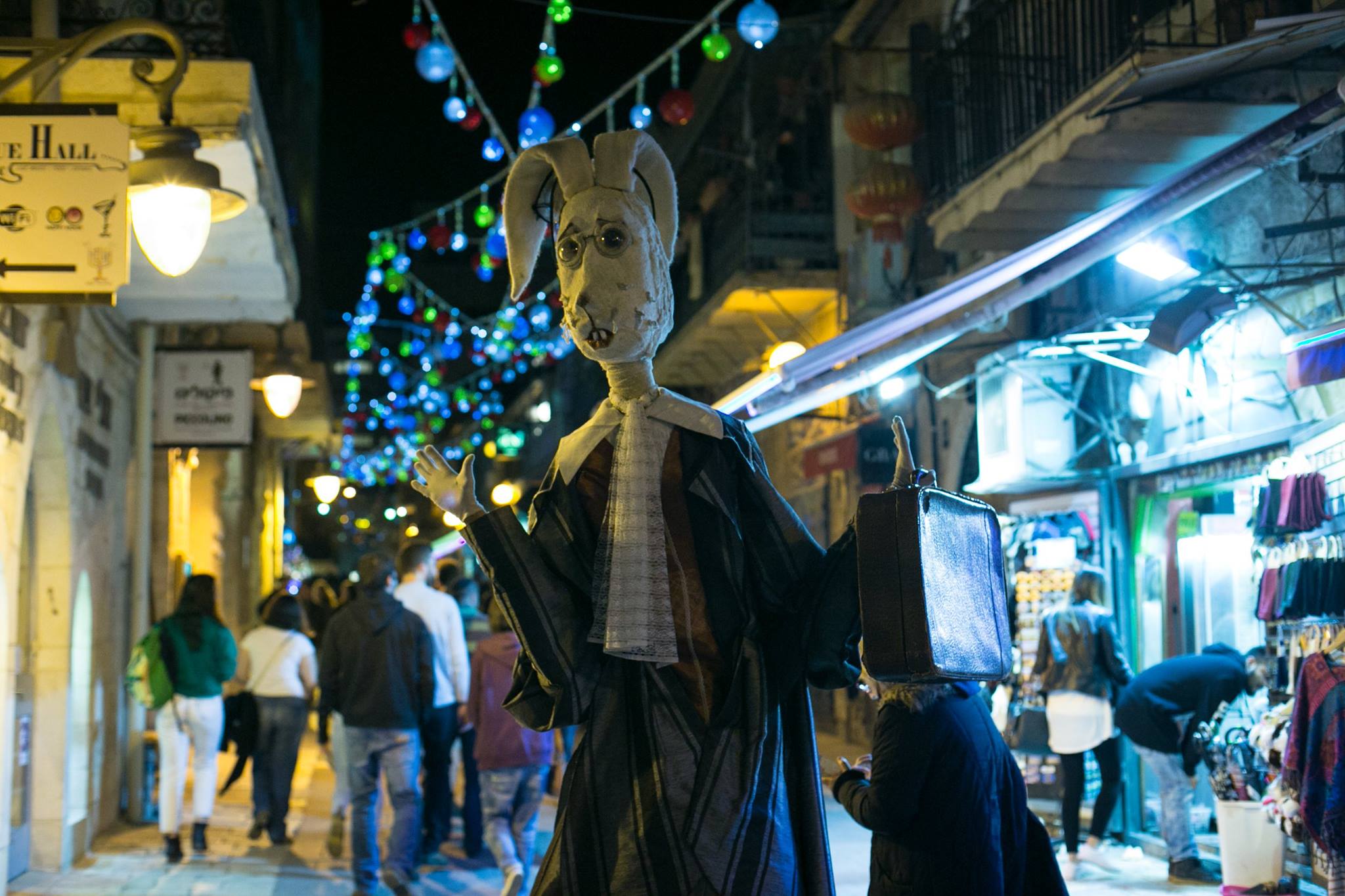 Handmade costume worn by performer at Shaon Horef winter street festival in Jerusalem 