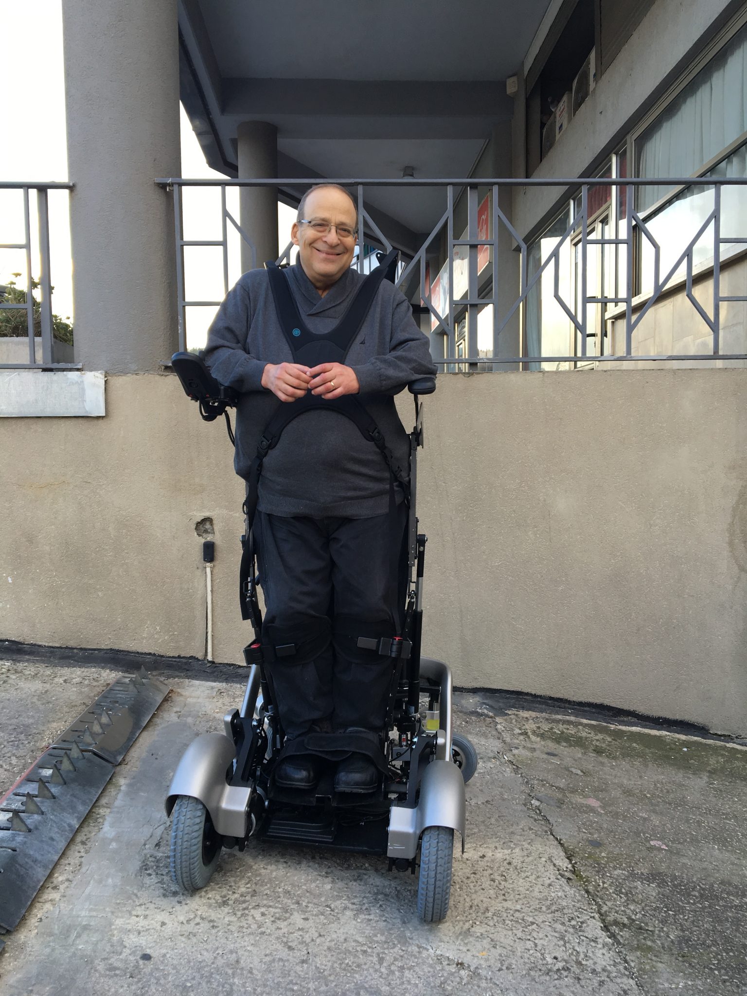 Founder of UpnRide trying out Israeli made upright wheelchair
