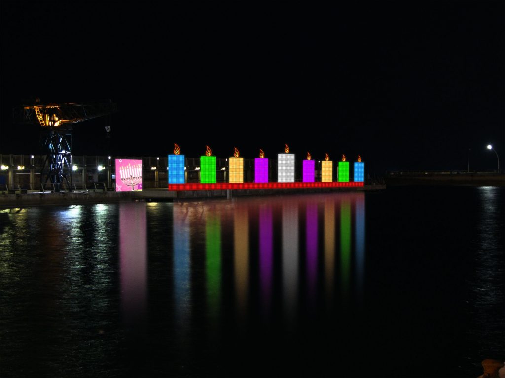 menorah in tel aviv's port during hanukkah